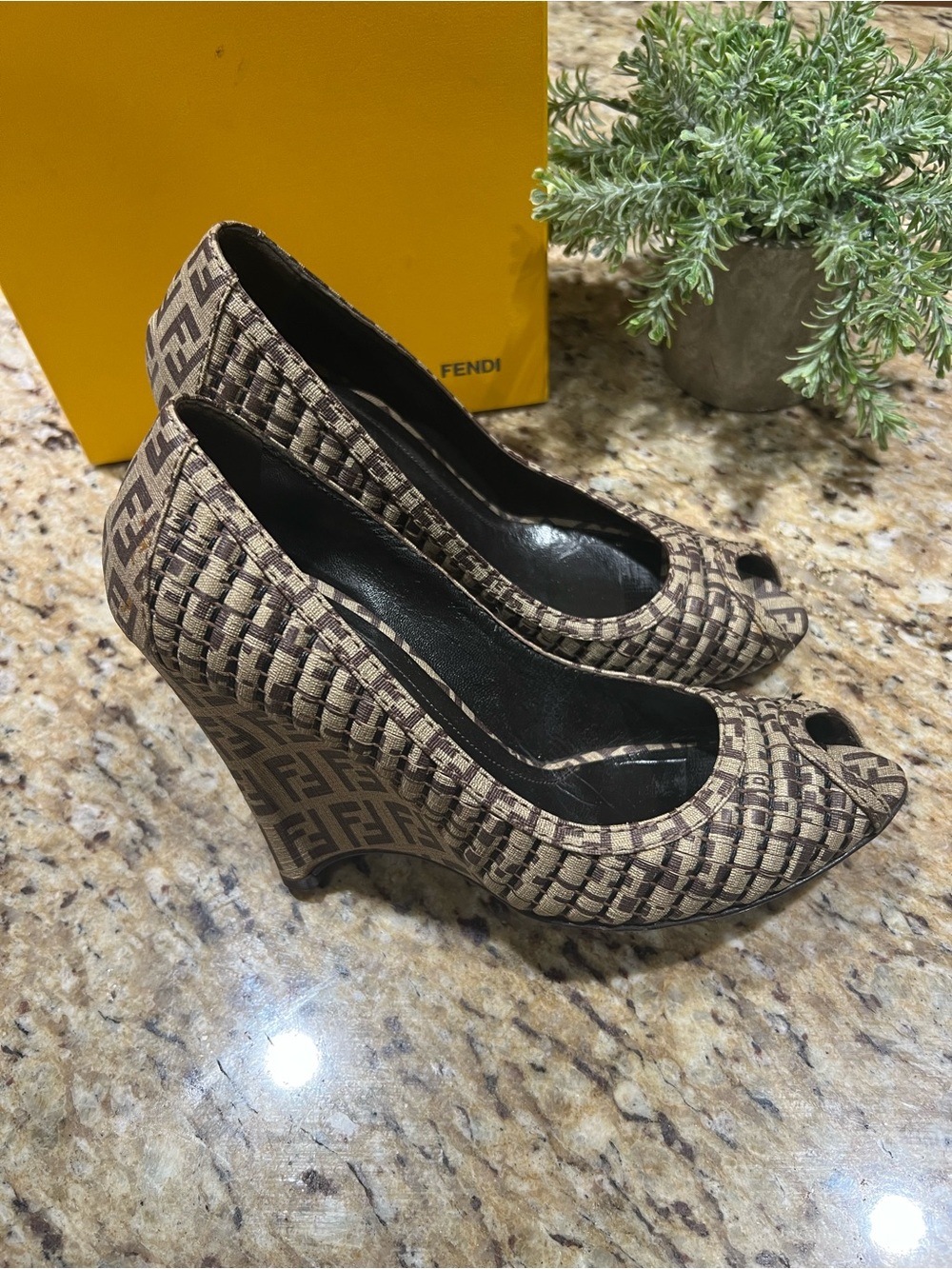 Fendi Brown & Tan Monogram Woven Peep-Toe Wedge Heels 37.5